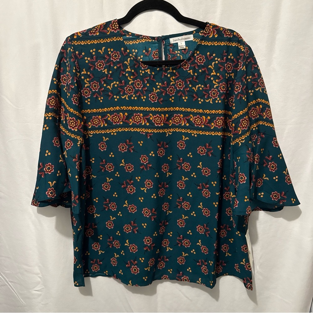 JohnPaulRichard Teal and Yellow Floral Blouse